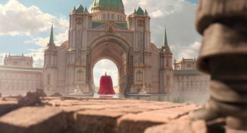 Movie still from “The Sea Beast” (2022), directed by Chris Williams – A person is sitting in front of a castle; Extreme Wide shot, Low angle