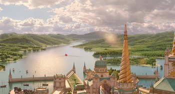 Movie still from “The Sea Beast” (2022), directed by Chris Williams – An aerial view of a city with a lake in the background; Extreme Wide shot, High angle