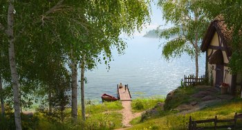 Movie still from “The Sea Beast” (2022), directed by Chris Williams – Two people standing on a dock near a body of water; Extreme Wide shot, High angle