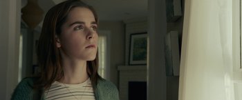 Movie still from “The Silence” (2019), directed by John R. Leonetti – A woman in a room looking at a mirror; Close Up shot, Low angle