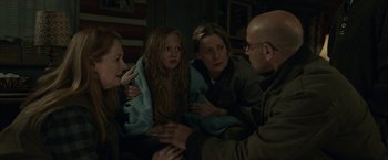 Movie still from “The Silence” (2019), directed by John R. Leonetti – A group of people gathered around a woman and a child; Medium shot, Over the shoulder angle