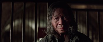 Movie still from “Batman Begins” (2005), directed by Christopher Nolan – An older man with long hair and a beard; Close Up shot, Low angle