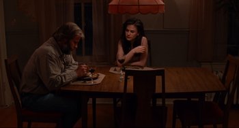 Movie still from “The Squid and the Whale” (2005), directed by Noah Baumbach – A man and a woman sitting at a table with a glass of red wine; Wide shot, Over the shoulder angle