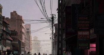 Movie still from “The Summit of the Gods” (2021), directed by Patrick Imbert – People are walking down the street in a city; Extreme Wide shot, High angle