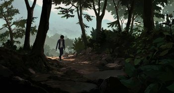 Movie still from “The Summit of the Gods” (2021), directed by Patrick Imbert – A person walking on a trail in the woods; Extreme Wide shot, High angle