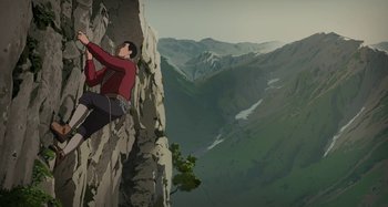 Movie still from “The Summit of the Gods” (2021), directed by Patrick Imbert – An illustration of a man climbing a rock wall; Wide shot, Low angle