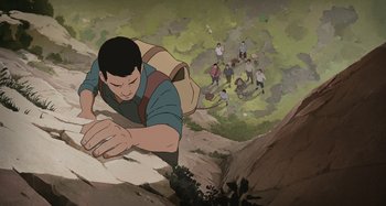 Movie still from “The Summit of the Gods” (2021), directed by Patrick Imbert – An illustration of a man climbing up a rock wall; Wide shot, Overhead angle