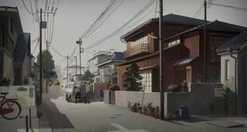 Movie still from “The Summit of the Gods” (2021), directed by Patrick Imbert – An illustration of people walking down a street; Extreme Wide shot, Low angle