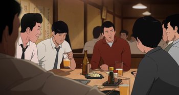 Movie still from “The Summit of the Gods” (2021), directed by Patrick Imbert – A group of people sitting at a table with drinks; Medium shot, High angle