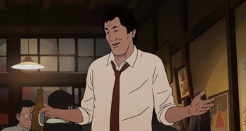 Movie still from “The Summit of the Gods” (2021), directed by Patrick Imbert – An animated picture of a man in a white shirt and a red tie; Medium shot, Over the shoulder angle