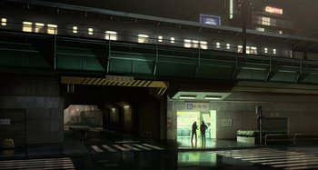 Movie still from “The Summit of the Gods” (2021), directed by Patrick Imbert – Two people are standing in a building at night; Extreme Wide shot, Low angle