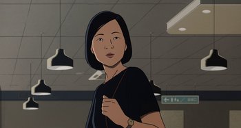 Movie still from “The Summit of the Gods” (2021), directed by Patrick Imbert – An illustration of an asian woman in a black shirt; Medium shot, High angle