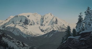 Movie still from “The Summit of the Gods” (2021), directed by Patrick Imbert – A snowy mountain with a tree in the foreground; Extreme Wide shot, High angle