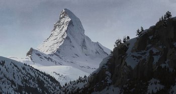 Movie still from “The Summit of the Gods” (2021), directed by Patrick Imbert – A painting of a mountain with a snow covered peak in the background; Extreme Wide shot, Low angle
