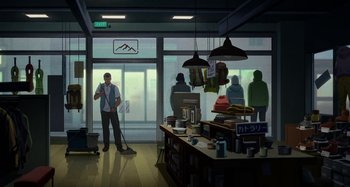 Movie still from “The Summit of the Gods” (2021), directed by Patrick Imbert – An illustration of a man sweeping the floor in front of a store; Extreme Wide shot, Low angle