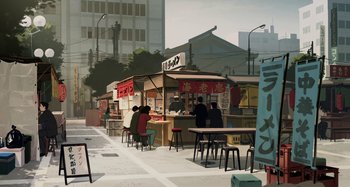 Movie still from “The Summit of the Gods” (2021), directed by Patrick Imbert – People are sitting at tables outside of an asian restaurant; Extreme Wide shot, High angle