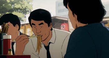 Movie still from “The Summit of the Gods” (2021), directed by Patrick Imbert – A cartoon of a man eating spaghetti with a fork; Close Up shot, Low angle