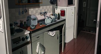 Movie still from “The Summit of the Gods” (2021), directed by Patrick Imbert – An illustration of a kitchen with a sink and a refrigerator; Extreme Wide shot, High angle