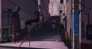 Movie still from “The Summit of the Gods” (2021), directed by Patrick Imbert – A man walking down a set of stairs; Extreme Wide shot, High angle