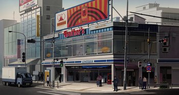 Movie still from “The Summit of the Gods” (2021), directed by Patrick Imbert – Two men standing on the side of the street in front of a building; Extreme Wide shot, High angle
