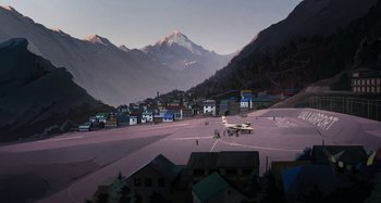 Movie still from “The Summit of the Gods” (2021), directed by Patrick Imbert – A painting of an airport with mountains in the background; Extreme Wide shot, High angle