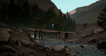 Movie still from “The Summit of the Gods” (2021), directed by Patrick Imbert – A man walking across a bridge over a river; Extreme Wide shot, Overhead angle