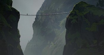 Movie still from “The Summit of the Gods” (2021), directed by Patrick Imbert – A person is walking on a bridge over a mountain; Extreme Wide shot, Low angle