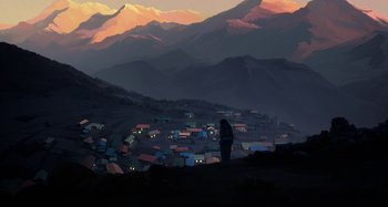 Movie still from “The Summit of the Gods” (2021), directed by Patrick Imbert – A person standing on top of a hill looking at a town; Extreme Wide shot, High angle