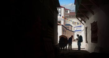 Movie still from “The Summit of the Gods” (2021), directed by Patrick Imbert – Two men standing in a narrow alleyway next to buildings; Extreme Wide shot, High angle
