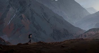 Movie still from “The Summit of the Gods” (2021), directed by Patrick Imbert – A person walking on a hill with a backpack; Extreme Wide shot, Low angle