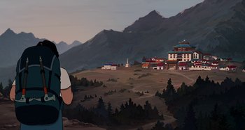 Movie still from “The Summit of the Gods” (2021), directed by Patrick Imbert – A person standing on top of a hill near a mountain; Extreme Wide shot, High angle