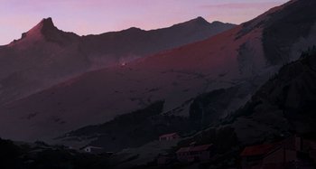 Movie still from “The Summit of the Gods” (2021), directed by Patrick Imbert – A view of a mountain range at sunset; Extreme Wide shot, High angle