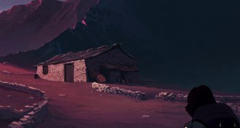 Movie still from “The Summit of the Gods” (2021), directed by Patrick Imbert – A painting of an old stone house in the middle of the night; Extreme Wide shot, High angle