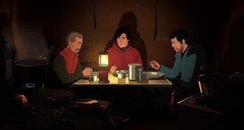 Movie still from “The Summit of the Gods” (2021), directed by Patrick Imbert – A group of people sitting at a dinner table; Medium shot, High angle