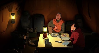 Movie still from “The Summit of the Gods” (2021), directed by Patrick Imbert – An old man sitting at a dinner table with a young boy; Medium shot, High angle