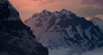 Movie still from “The Summit of the Gods” (2021), directed by Patrick Imbert – A view of a mountain range at sunset; Extreme Wide shot, Low angle