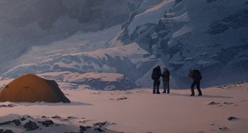 Movie still from “The Summit of the Gods” (2021), directed by Patrick Imbert – Two people standing on a snowy slope with a mountain in the background; Extreme Wide shot, Low angle