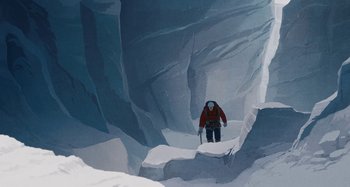 Movie still from “The Summit of the Gods” (2021), directed by Patrick Imbert – A man in a red jacket is standing in the snow; Extreme Wide shot, Low angle