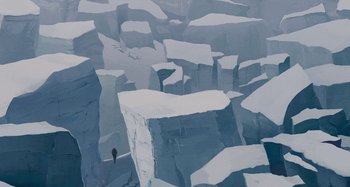 Movie still from “The Summit of the Gods” (2021), directed by Patrick Imbert – A bird standing on top of a mountain of blocks of ice; Extreme Wide shot, High angle