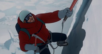 Movie still from “The Summit of the Gods” (2021), directed by Patrick Imbert – A man in a red jacket holding onto a red rope; Medium shot, Low angle