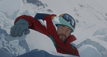 Movie still from “The Summit of the Gods” (2021), directed by Patrick Imbert – An animation of a man flying through the air while holding a snowboard; Medium shot, Low angle