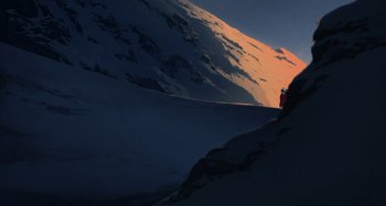Movie still from “The Summit of the Gods” (2021), directed by Patrick Imbert – A person standing on top of a snow covered slope; Extreme Wide shot, Low angle