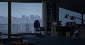 Movie still from “The Summit of the Gods” (2021), directed by Patrick Imbert – An office with a view of a city at night; Extreme Wide shot, High angle