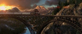 Movie still from “The Trial of the Chicago 7” (2020), directed by Aaron Sorkin – A train traveling over a bridge with a mountain in the background; Extreme Wide shot, Low angle