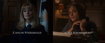 Movie still from “The Trial of the Chicago 7” (2020), directed by Aaron Sorkin – Two images side - by - side of two women in a dark room; Medium shot, High angle