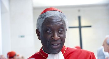 Movie still from “The Two Popes” (2019), directed by Fernando Meirelles – An older man wearing a red and white hat; Close Up shot, Low angle