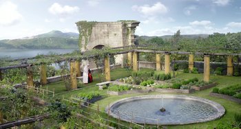 Movie still from “The Two Popes” (2019), directed by Fernando Meirelles – Two people are standing in a garden near a pond; Extreme Wide shot, High angle