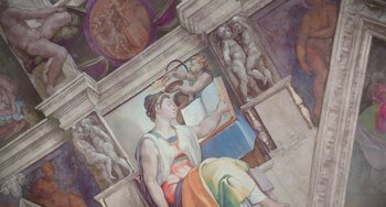 Movie still from “The Two Popes” (2019), directed by Fernando Meirelles – A painting of a woman sitting on a chair in front of a wall; Wide shot, Overhead angle