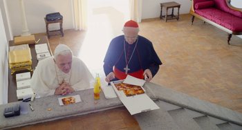 Movie still from “The Two Popes” (2019), directed by Fernando Meirelles – Two people sitting at a table with pizza; Wide shot, High angle