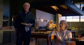 Movie still from “The Two Popes” (2019), directed by Fernando Meirelles – A man and a woman in a kitchen eating food; Medium shot, Over the shoulder angle
